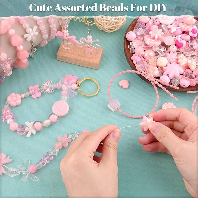Assorted 170-230PCS Pink Acrylic Beads for Bracelet Making, Flower Bow Butterfly Candy GummyBear Aesthetic Bracelet Charms,Cute Beads for Jewelry Making DIY Necklace Keychain Phone Charm