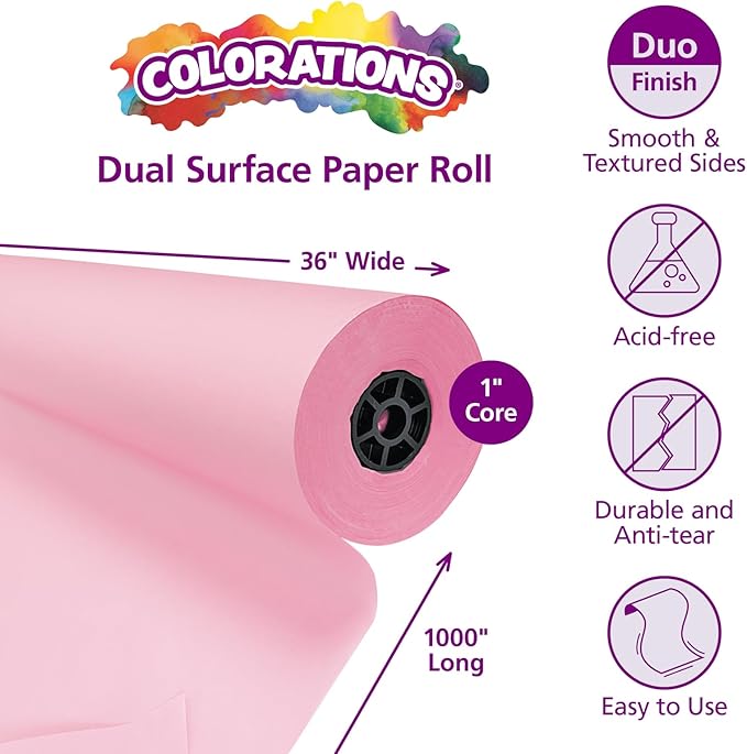 Colorations Arts and Crafts Paper Roll - 36" x 1000', Pink, Dual Surface, Markers, Finger Paints, Painting, Watercolors, Acrylic Paints, Wall Art, Bulletin Board Paper, Kids Crafts (Item # DSPK)