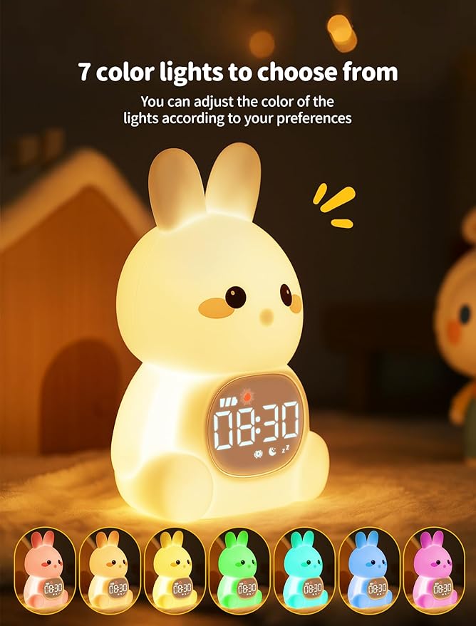 MASHI Bunny Alarm Clock, Toddler Sleep Training Clock with Sun & Moon, Sleep Sound Machine, Night Lights, Alarm Clock for Kids, Gift Ideas for Kids Child