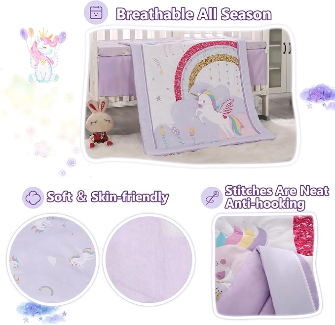 Wowelife Mini Girl Crib Bedding Set, 3 Piece Unicorn Mini Crib Comforter Set, Baby Girl Nursery Bedding Set Include Breathable Comforter, Crib Skirt and 38x24 Sheet, Purple
