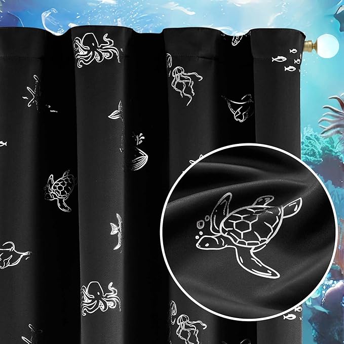 Vangao Kids Curtains for Boys Bedroom Kids Blackout Curtains 63 Inch Length Ocean Aquarium Nursery Drapes for Girls Bedroom Silver Sea Animals Print Thermal Insulated Drapes, Black 2 Panels