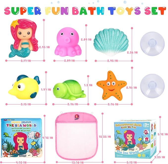 Light Up Bath Toys for Toddlers Kids Girls Baby, No Hole Glow Bath Toys with Bath Book & Organizer, Led Light Bath Time Water Toys for Bath Tubs Bathrooms Pool, Gift for Toddlers Girls Infants