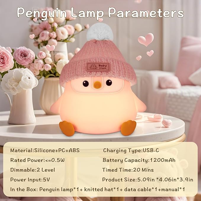 Penguin Silicone Night Light, Cute Pink Penguin Lamp with Knitted Hat, Soft Nursery Nightlight, USB Rechargeable/Dimmable,LED Squishy Novelty Animal Bedside Lamp,Funny Gifts for Kids/Girls