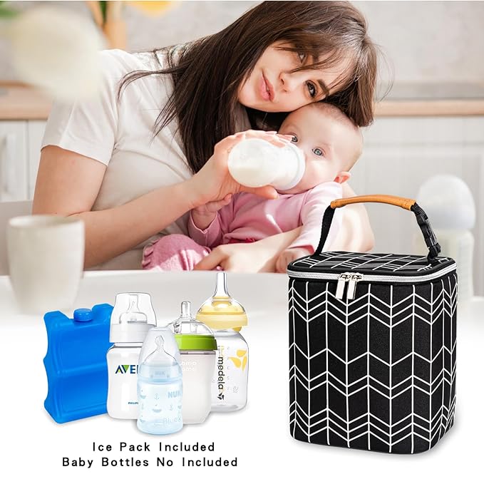 BreastMilk Cooler Bag with Ice Pack Fits 4 Baby Bottles Up to 9 Ounce, Baby Bottle Bag Fits for Nursing Mom Daycare, Black