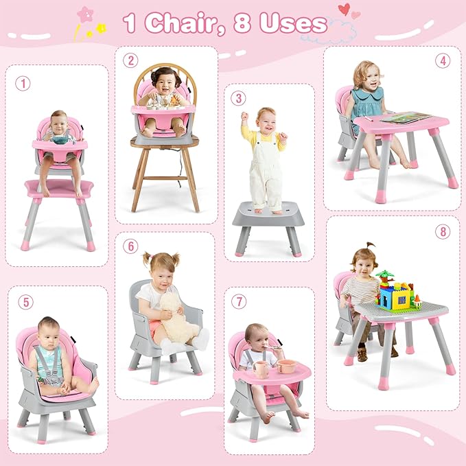 HONEY JOY 8 in 1 Baby High Chair, Convertible Highchair for Babies and Toddlers/Table and Chair Set/Building Block Table/Booster Seat/Stool/Toddler Chair with Safety Harness (Pink)