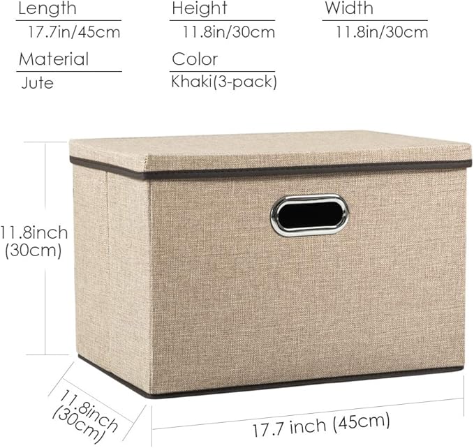 PRANDOM Large Collapsible Storage Bins with Lids [3-Pack] Jute Fabric Foldable Storage Boxes Organizer Containers Baskets Cube with Cover for Home Bedroom Closet Office Nursery (17.7x11.8x11.8)