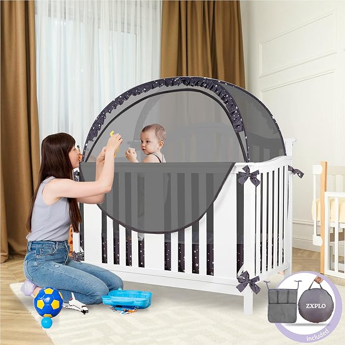 Baby Safety Crib Tent Infant Pop up Mosquito Net Nursery Bed Canopy Netting Cover - Keep Baby from Climbing Out with Hanging Diaper Storage Bag (Dark Gray)