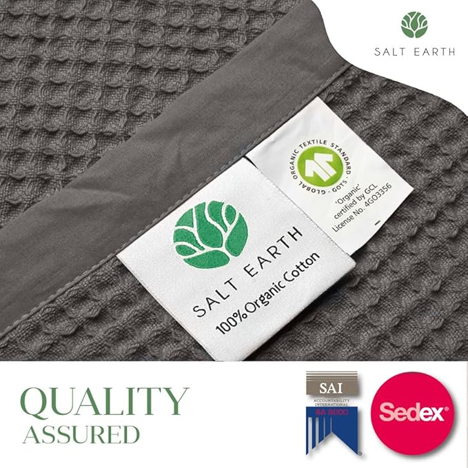 Salt Earth GOTS Certified 100% Organic Cotton Throw Blanket,108"X90" Waffle Blankets & Throws for Bed, Throw Blanket for Couch, Modern & Cozy Blanket, All Season, Comfy & Soft Blanket(Charcoal Grey)