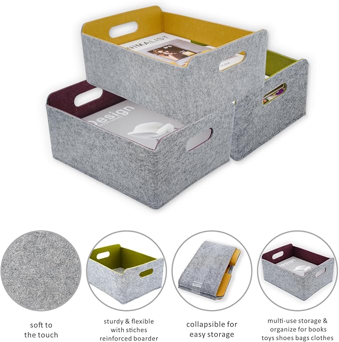 Welaxy Storage Baskets Collapsible Felt Storage bin Foldable Shelf Drawers Organizers for Kids Pet Toys magazine Books Clothes Closet Cabinet decluttering (Curry +Moss green + Wild berry)