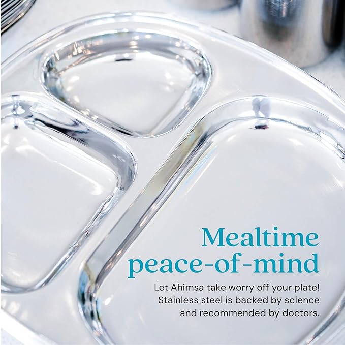 Ahimsa Stainless Steel Plates for Kids - Divided Plates for Toddlers, Pediatrician Designed, Non Toxic Toddler Plate, Camping Plate, BPA Free & Dishwasher Safe (Set of 4)