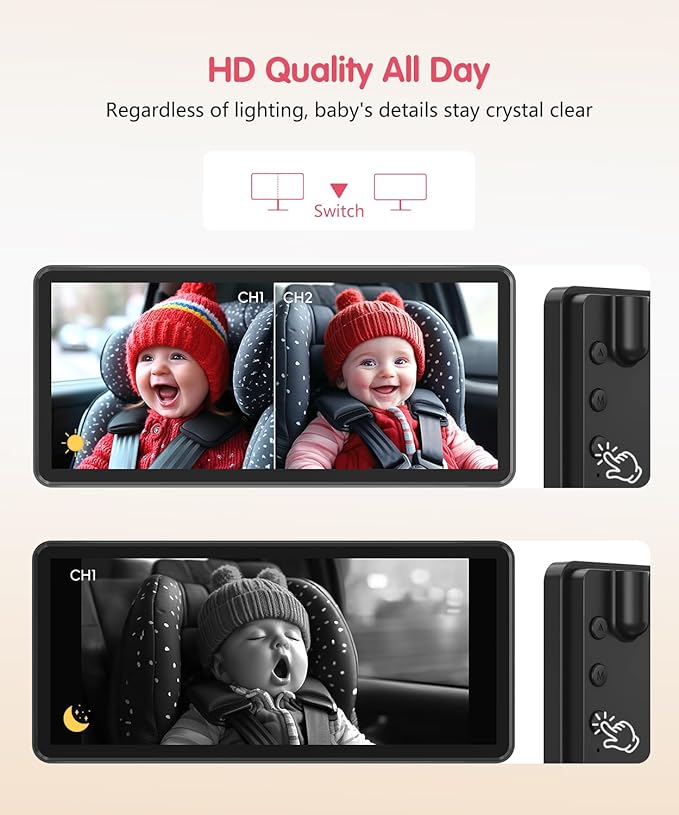 BM5PRO 7.2" Dual Camera Baby Monitor, 1080P HD Display for 2 Kids, Night Vision, Easy Install Car Baby Monitor, Ideal Gift, Rear Seat Safety for Babies & Pets