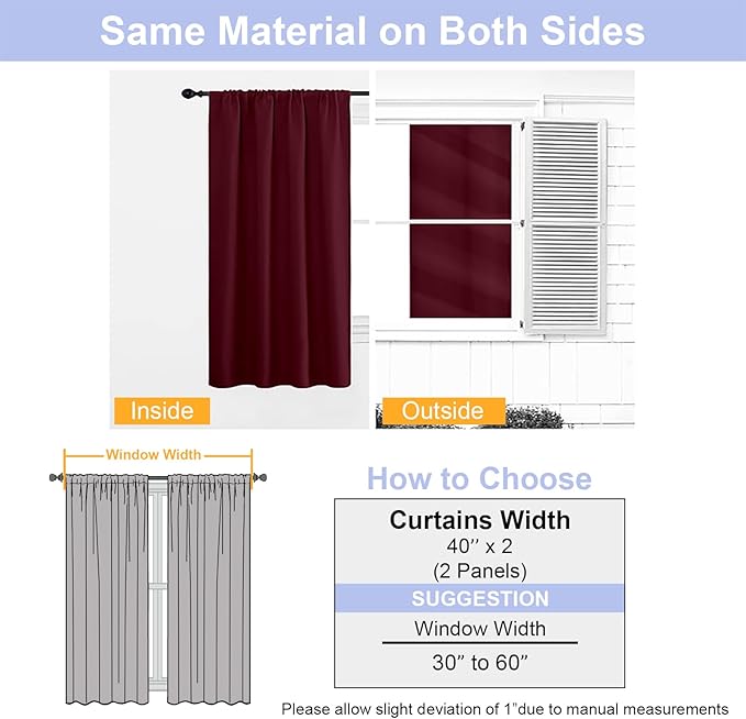 Simplebrand Ava Burgundy Short Blackout Curtains for Bedroom 45 Inches Long 2 Panels Set, Solid Thermal Insulated, Energy Saving Window Treatment Curtains Blackout Drapes, W40 x L45 Inch, Burgundy