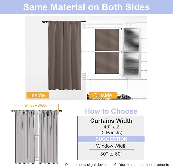 Simplebrand Ava Brown Short Blackout Curtains for Bedroom 45 Inches Long 2 Panels Set, Solid Thermal Insulated, Energy Saving Window Treatment Curtains Blackout Drapes, W40 x L45 Inch, Brown