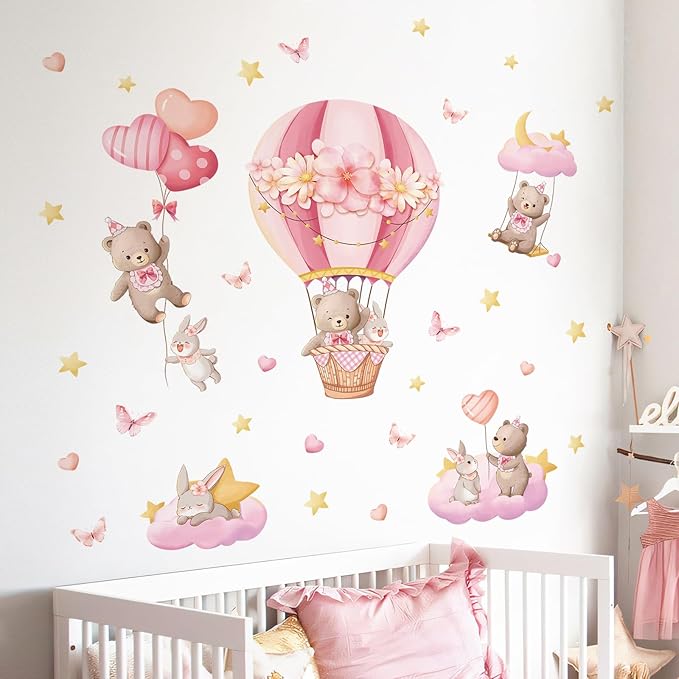 Tanlaby Pink Hot Air Balloon Wall Stickers Cartoon Bear Rabbit Stars Heart Wall Decals Peel and Stick Art Decor for Girls Bedroom Baby Nursery Kids Playroom Classroom