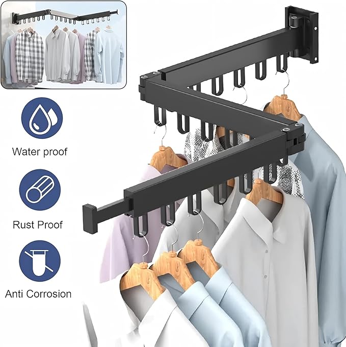 Clothes Drying Rack Wall Mounted,Space Saving Wall Drying Rack,Retractable Collapsible Tri-Fold,for Bathroom,Balcony,Outdoor lndoor with Laundry,Black