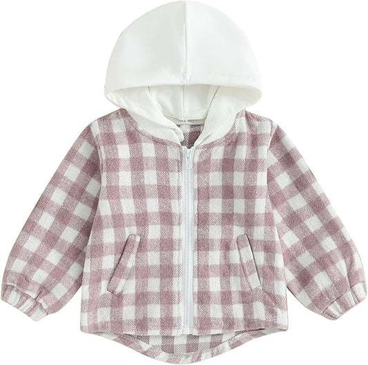 Douhoow Toddler Baby Plaid Jacket Baby Boy GIrl Flannel Hoodies Zip Up Hooded Fall Winter Outerwear Coat