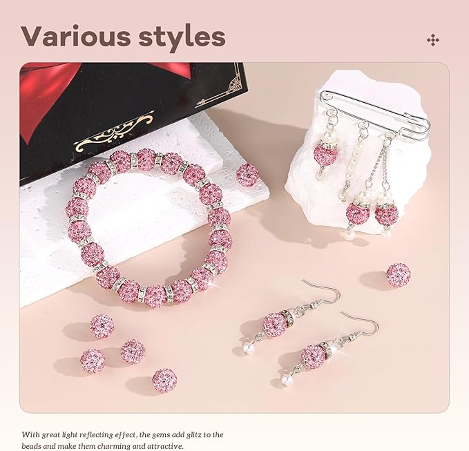 160pcs 10mm Rhinestone Beads for Jewelry Making, Pink Shiny Round Disco Ball Beads Bulk, Sparkle Crystal Clay Christmas for Bracelet Baseball Necklace Earring Crafting and DIY