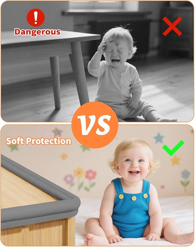 Edge Corner Protector Baby Proofing, 6.56FT 0.6'' Thicken L-Shape Furniture Fireplace Safety Bumper Guard with 6 Corners, Pre-Taped, Soft NBR Rubber Foam, Table Edge Protector for Baby (Grey)
