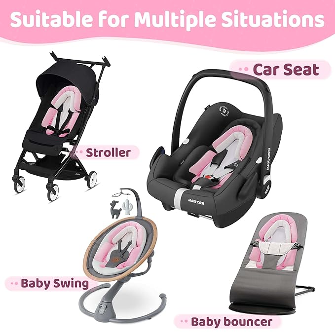 Pro Goleem Breathable 3-in-1 Baby Car Seat Head Support, Soft Infant Car Seat Insert, Carseat Cushion for Newborn, Perfect for Car Seat, Strollers, Swings, Carrier, Bouncer, Pink and White