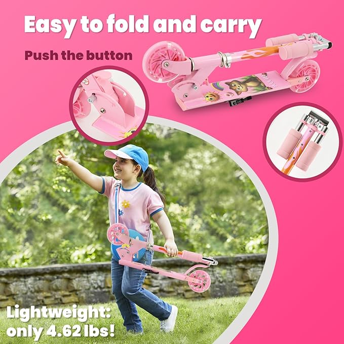 Scooter for Kids Ages 3+, Teens, Foldable Kick Scooter with Light up Wheels, Kickstand, 3 Adjustable Levels, Rear Brake, Lightweight Boys Girls Outdoor Toys for Kids 8-12, Pink