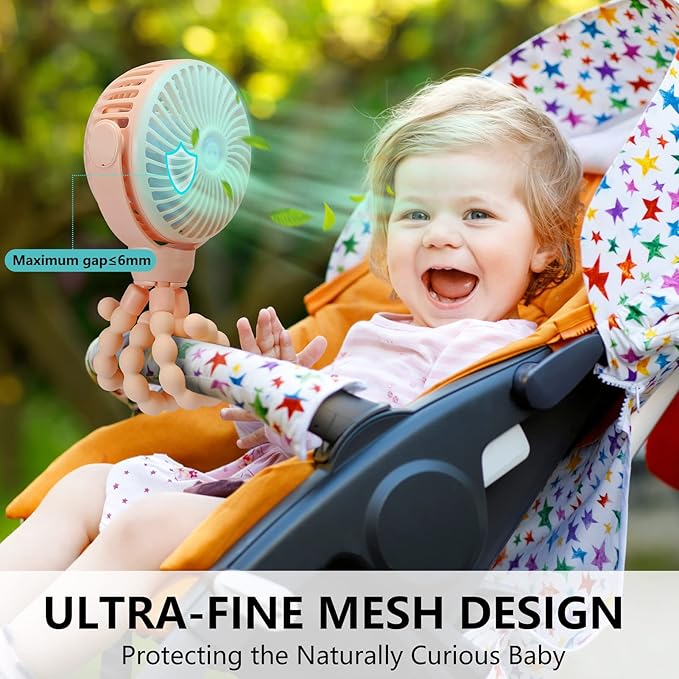 snawowo Mini Portable Baby Stroller Fan, Battery Operated Clip on Fan, Rechargeable 360° Rotate Flexible Tripod Handheld Cooling for Car Seat Crib Treadmill Travel（Pink）