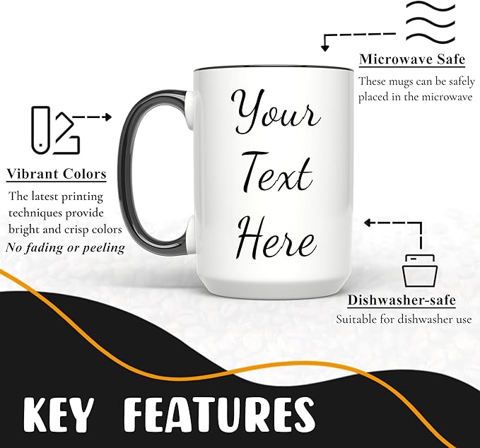 Personalized Coffee Mug 15 Oz, Custom Picture Text or Logo Ceramic Mug, Customized Gift for Men & Women, Taza Personalizada with Photo and Words, Customizable Large Tea Cup | White - Black