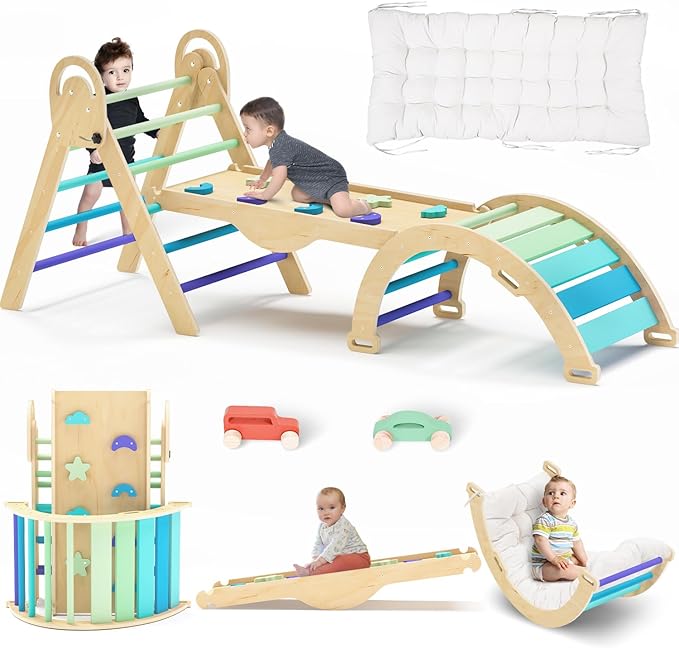 Pikler Triangle Set with Cushion, Montessori Climbing Set, Indoor Climb Toys, Indoor Playground Jungle Gyms, 9 Combinations Climbing Toy Set for Toddler, Baby, Kids 1-4