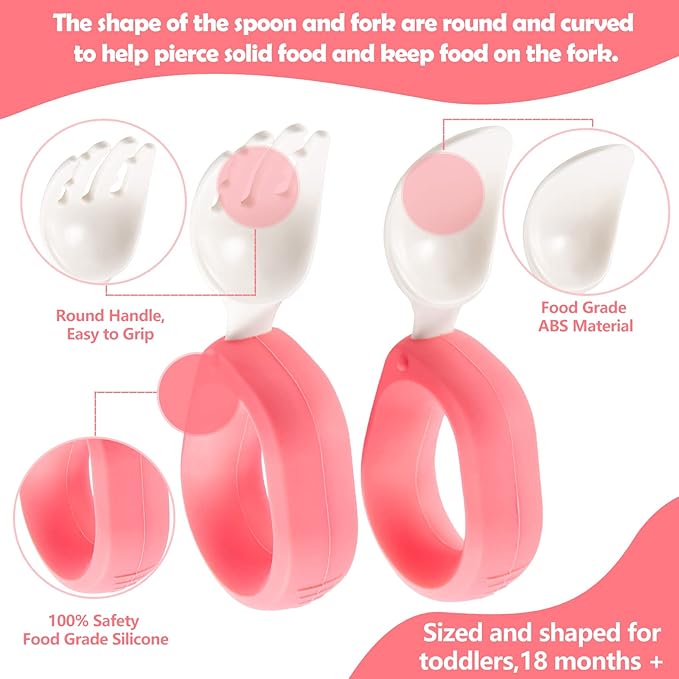 Training Spoon & Fork with Travel Case Pink | Toddler Self Feeding Utensil Set, BPA-Free Cute Circle Silicone ABS Spoons Set for Baby Led Weaning