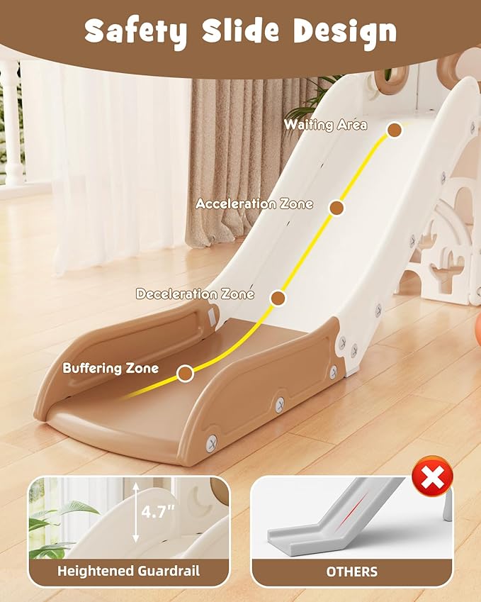 YUFU Toddler Slide Set, 11 in 1 Kids Slide for Toddlers 1-3, Toddler Playset with Climbing Bridge, Golf Set, Basketball Hoop, Indoor Outdoor Playground (Brown)