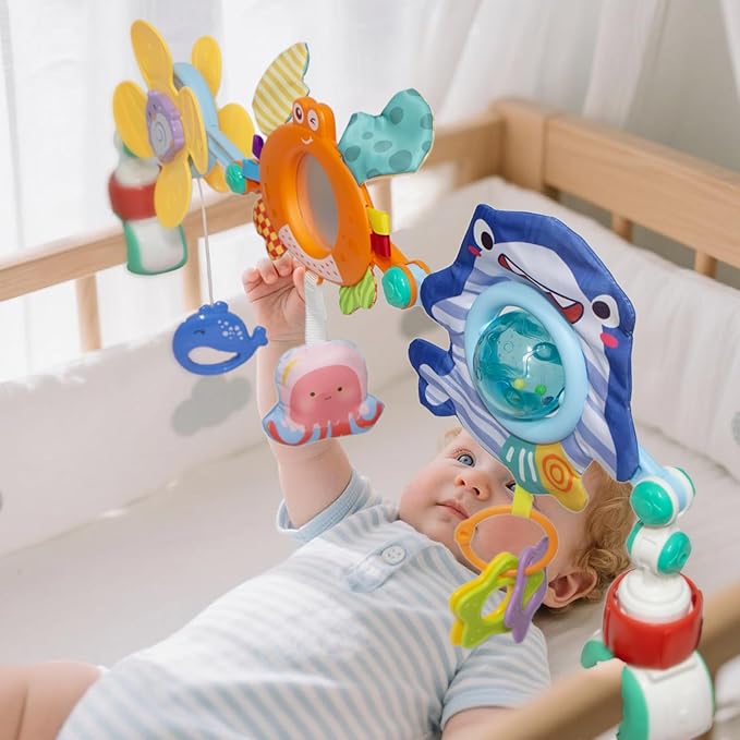 Adjustable Baby Stroller Arch Toy, Car Seat Toys for Infants 6-12 Months Hanging Toy Bar Attachment with Teether & Sound, Crib Comfort Gift for Birthday, Baby Shower