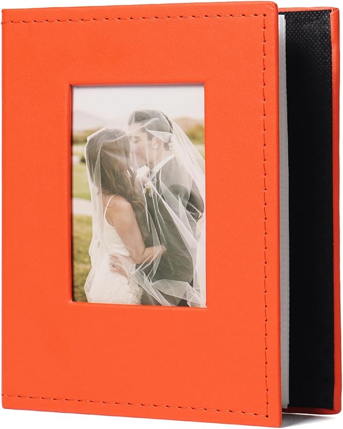 RECUTMS Small Photo Album 4x6 100 Photos Leather Cover with Front Window, Pictures Book for Wedding Family Baby Vacation (Orange)