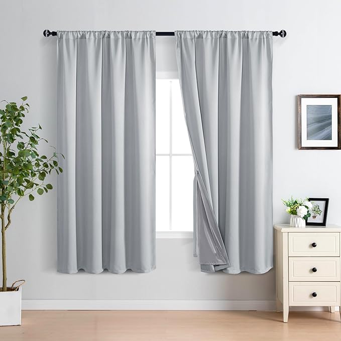 XWZO 100% Blackout Curtains 63 Inches Long with Tiebacks- Rod Pocket Heat and Full Light Blocking, Thermal Insulated Window Panels for Bedroom/Nursery, Light Grey, W60 x L63, Set of 2 Draperies