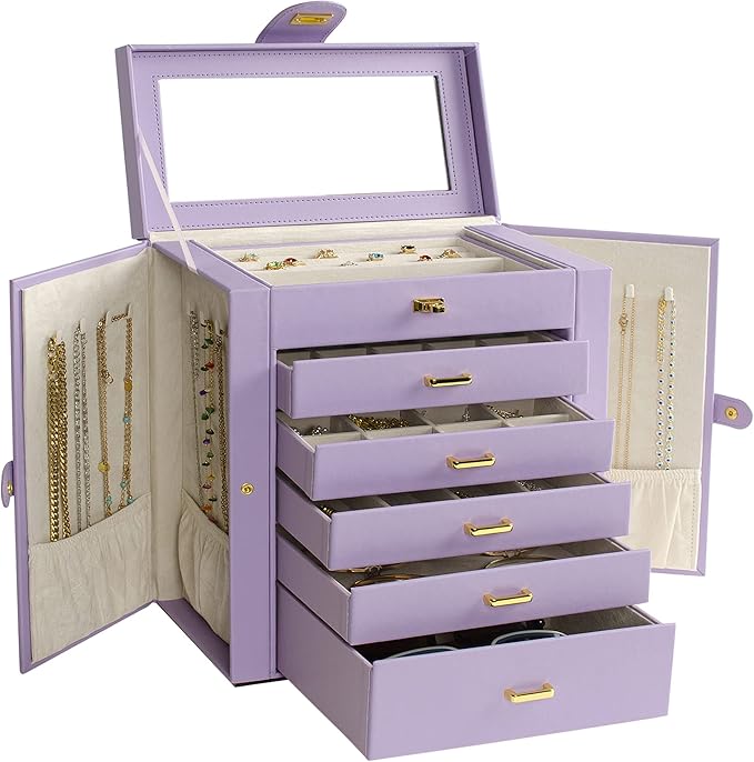 AKOZLIN Large Jewelry Box Organizer Functional Lockable with Big Mirror, Leather Jewelry Storage Case for Women Girls Ring Necklace Earring Bracelet Holder Organizer Violet