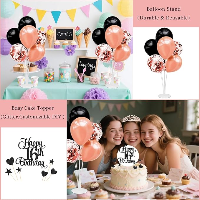 16th Birthday Decorations for Girls - 56pcs Rose Gold Happy 16th Banner, 16th Birthday Crown Sash, Cake Topper, Number 16 balloons, 3D Butterflies, 4 Balloon Stands kits