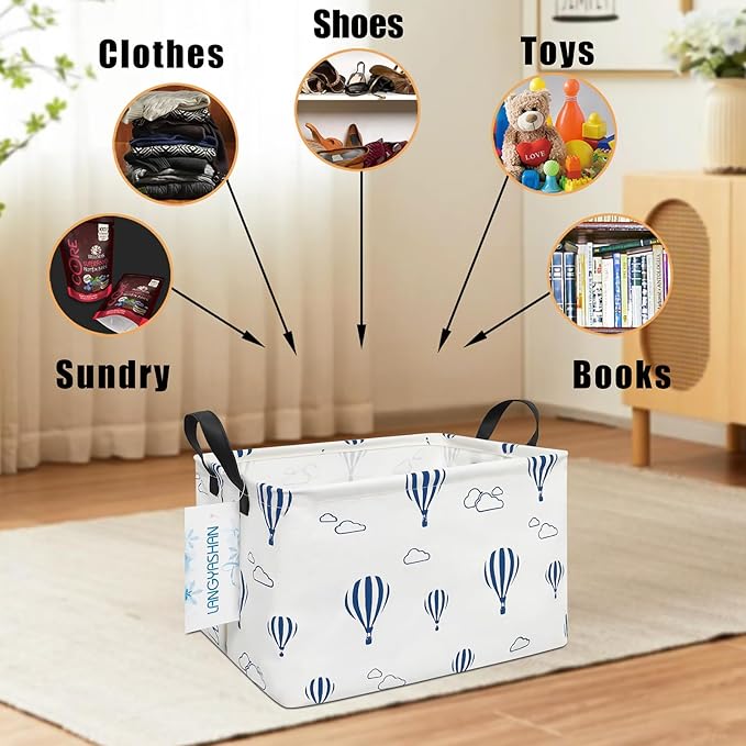 LANGYASHAN Rectangular Storage Bin Collapse Canvas Fabric Cartoon Storage Basket with Handles for Organizing Home Kitchen Boys and Girls Toys Office Closet Shelf Baskets (Rec Blue Balloon)