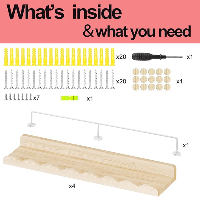 Fixwal Nursery Shelves, 24 Inch Floating Bookshelves for Wall Set of 4, Scalloped Wall Book Shelves with Towel Rack for Kids, Toddler Room, Baby Room, Nursery Decor and Storage(Natural Wood)