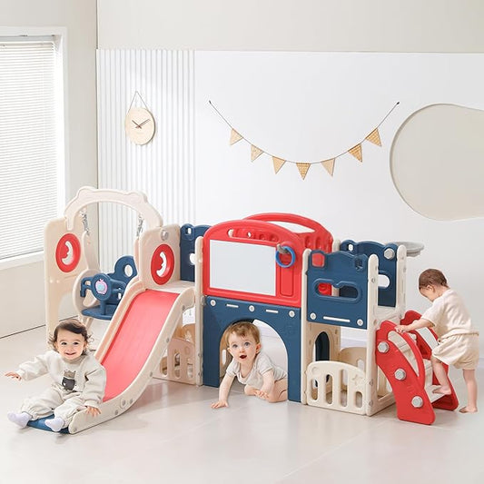 Toddler Outdoor Climber Playset with Basketball for Kids Ages 1 to 3 Years Slide and Swing Set 12 in 1 Playground Indoor Slide for Kids Durable Ecofriendly Plastic Backyard Playset Red