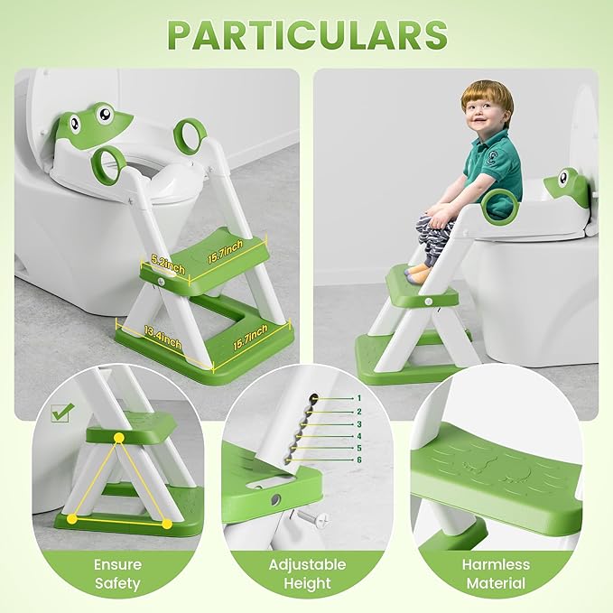 Frog Toilet Seat, Potty Training Seat for Toddler, Upgrade Potty Training 2 in 1 Toddler Toilet Seat for Boys Girls,Waterproof Soft Mat Non-Slip Step Stool