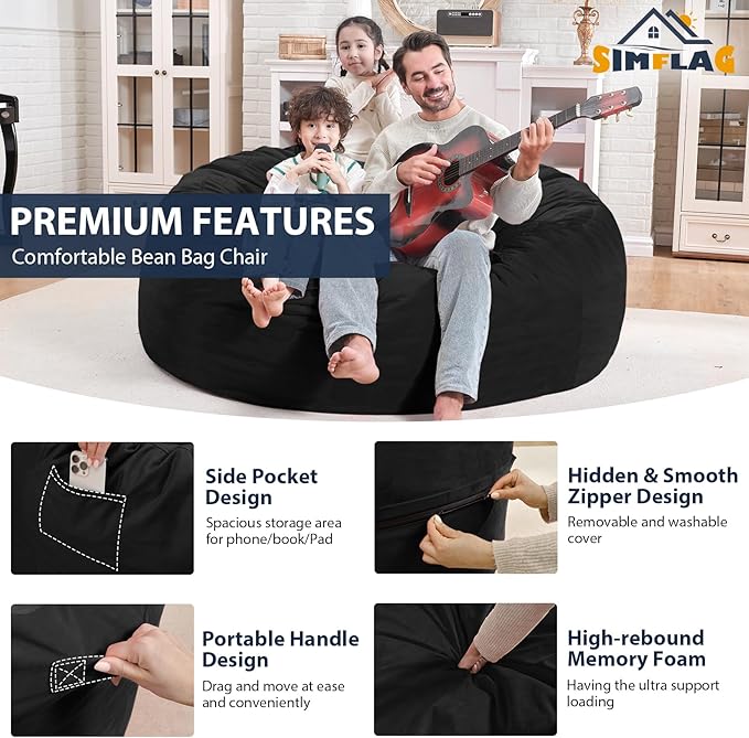 4FT Bean Bag Chair, Large Bean Bag Chairs with Memory Foam Filled, Fluffy Beanbag Sofa with Dutch Velvet Cover, Round BeanBag Chairs for Living Room, Playroom - Black