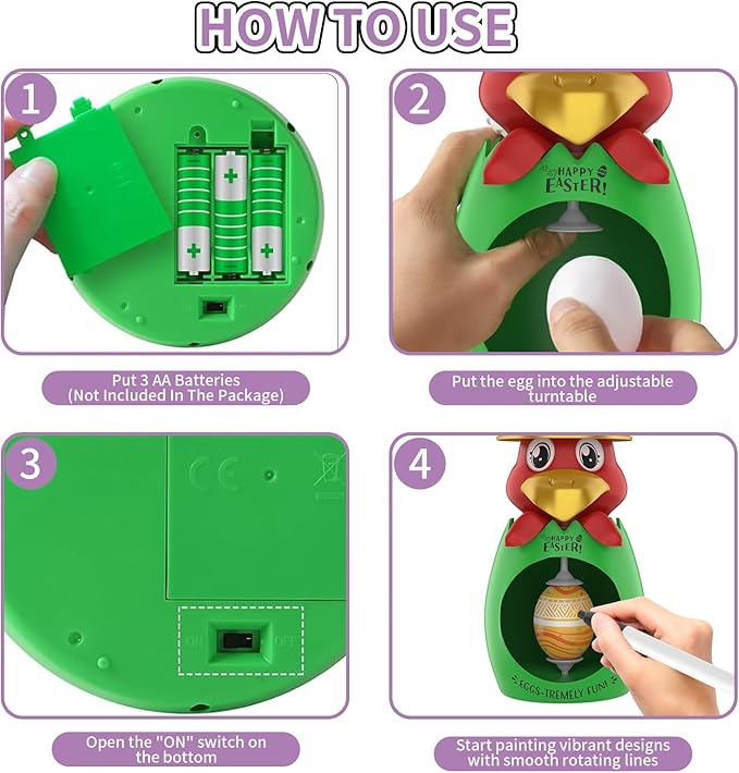 weiyuii Easter Egg Decorating Kit, DIY Egg Coloring Spinner with 3 Plastic Eggs & 8 Colorful Markers Easter Gift for Kids Boys Girls