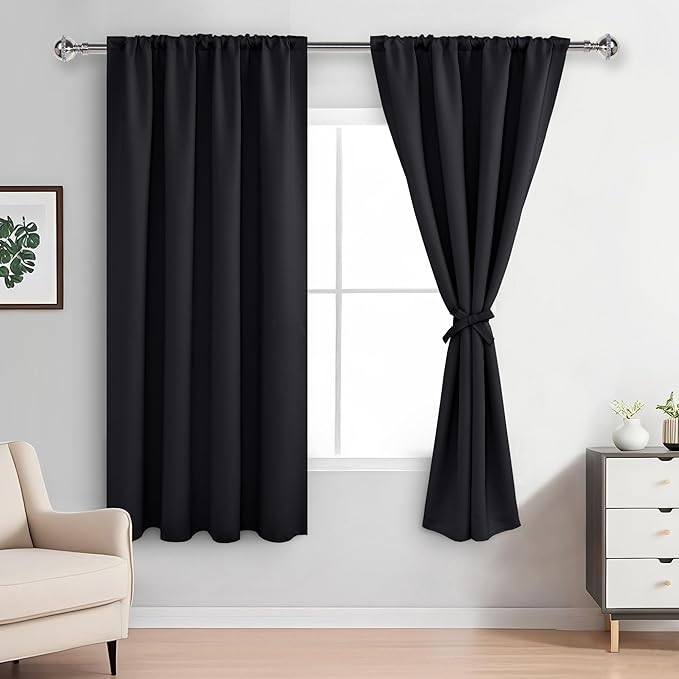 XWZO Blackout Curtains for Bedroom 63 inch Length Room Darkening Thermal Insulated Rod Pocket Curtains for Living Room with Tiebacks,Black,W42 x L63,Set of 2