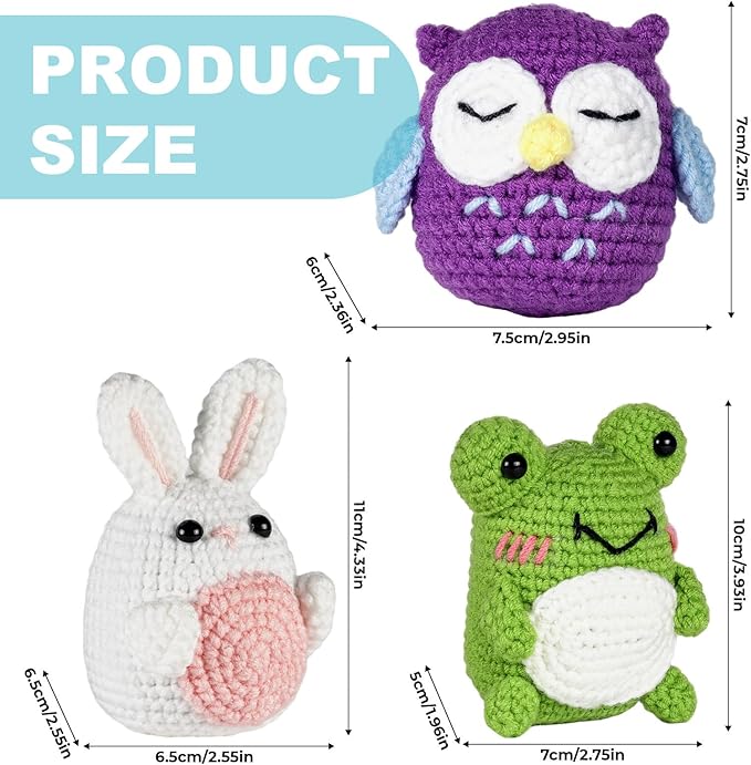 RoseFlower Crochet Kit for Beginners, Easy Crochets Starter Kits with Step-by-Step Video Tutorials, DIY Craft Knitting Crochet Animals Set for Kids Adult - 3 Pack Frog Owl Rabbit