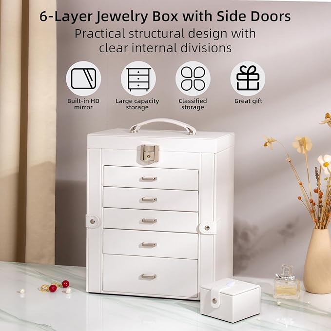 Large Jewelry Box,5-Tier PU Leather Jewelry Organizer with Lock,Multi-functional Storage Case with Mirror,Jewelry Organizer for Bracelets, Earrings, Rings, Necklaces, Mothers Day (CREAM)