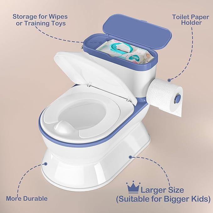 2-in-1 Toddler Potty Training Toilet - Larger Potty Chair & Detachable Training Seat for Boys & Girls Ages 1-3 with Flushing Sound, Wipes Storage, Toilet Paper Holder - Blue