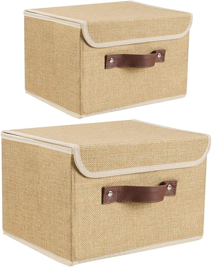 Lucky Monet Storage Bins Boxes with Lids 2 Pack Decorative Storage Boxes Collapsible Fabric Storage Basket Containers Lidded Storage Cube for Organizing Closet Home Office, 15"x 10"x 10" (Khaki)