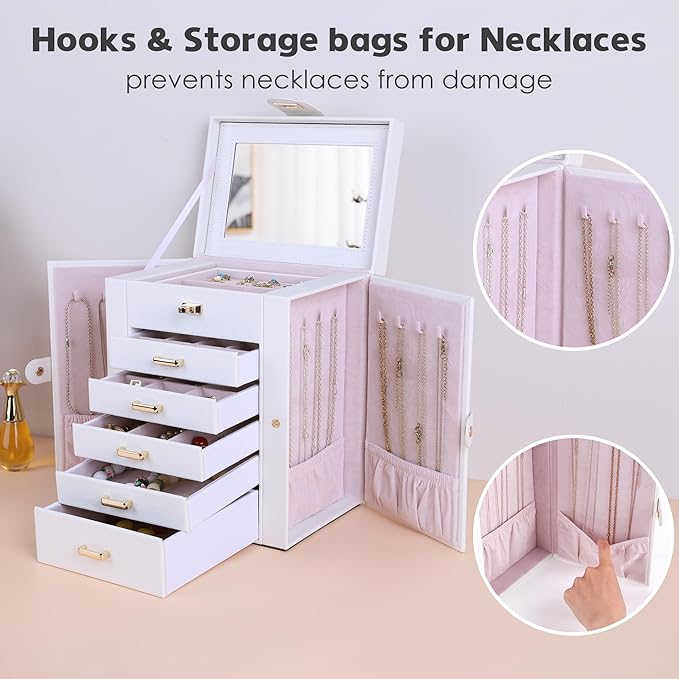 Kendal Jewelry Box, 6-Layer Jewelry Storage Organizer for Necklace Bracelet Rings Watch, 10.2"x8.2"x6" Classic PU Leather 5 Drawers Large Storage Capacity with Mirror