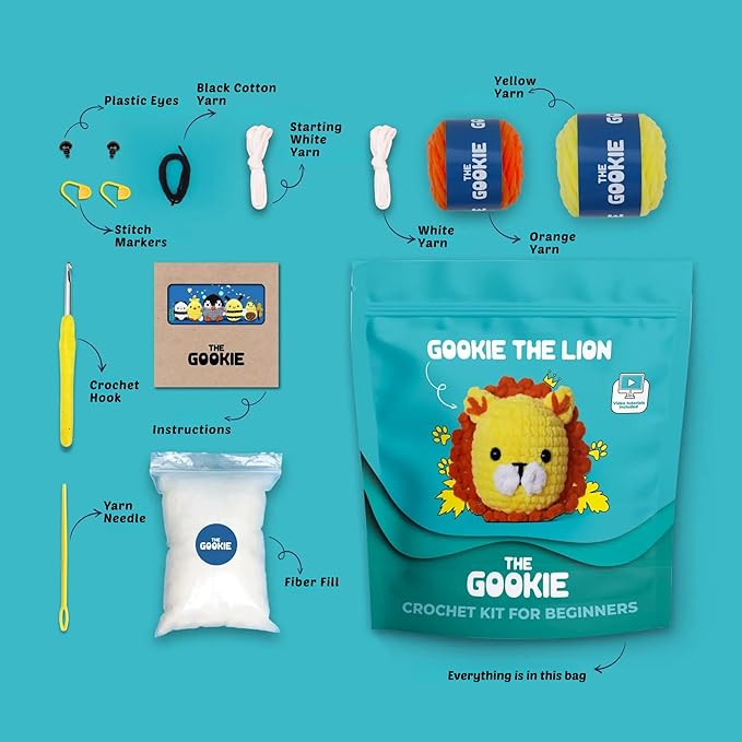 THE GOOKIE Amigurumi Crochet Kit for Beginners – DIY Crochet Kit with Yarn, Hook, Eyes & Stuffing – Easy Starter Set with Video Tutorials – Cute Plush Toy Craft Gift for Kids, Teens & Adults (Lion)