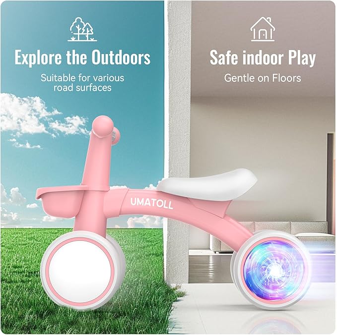 Umatoll Colorful Lighting Baby Balance Bike Toys for 1 Year Old Girls Gifts, Adjustable Seat, 1st Birthday Gifts, 12-24 Months Toddler Bike, Pink