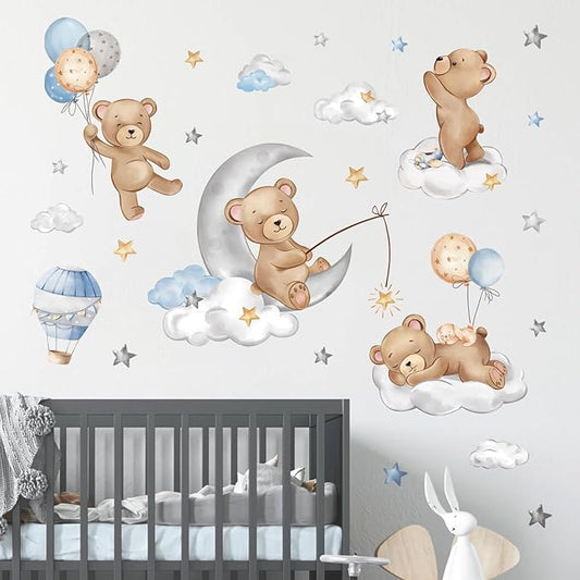 decalmile Bear Sleeping on The Moon Wall Decals Hot Air Balloon Animals Clouds Wall Stickers Baby Nursery Kids Bedroom Playroom Wall Decor