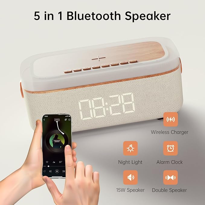 LOVME Alarm Clock Bluetooth Speaker for Bedroom, Bluetooth Stereo Sound Speaker, Fast 15W Wireless Charger, Dimmer, Night Light for Heavy Sleepers, Gift Set, Bedside(Khaki)